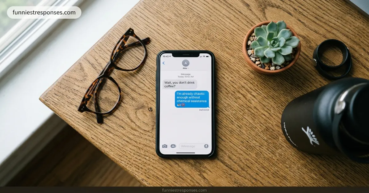 Smartphone text conversation showing a funny reply about not drinking coffee