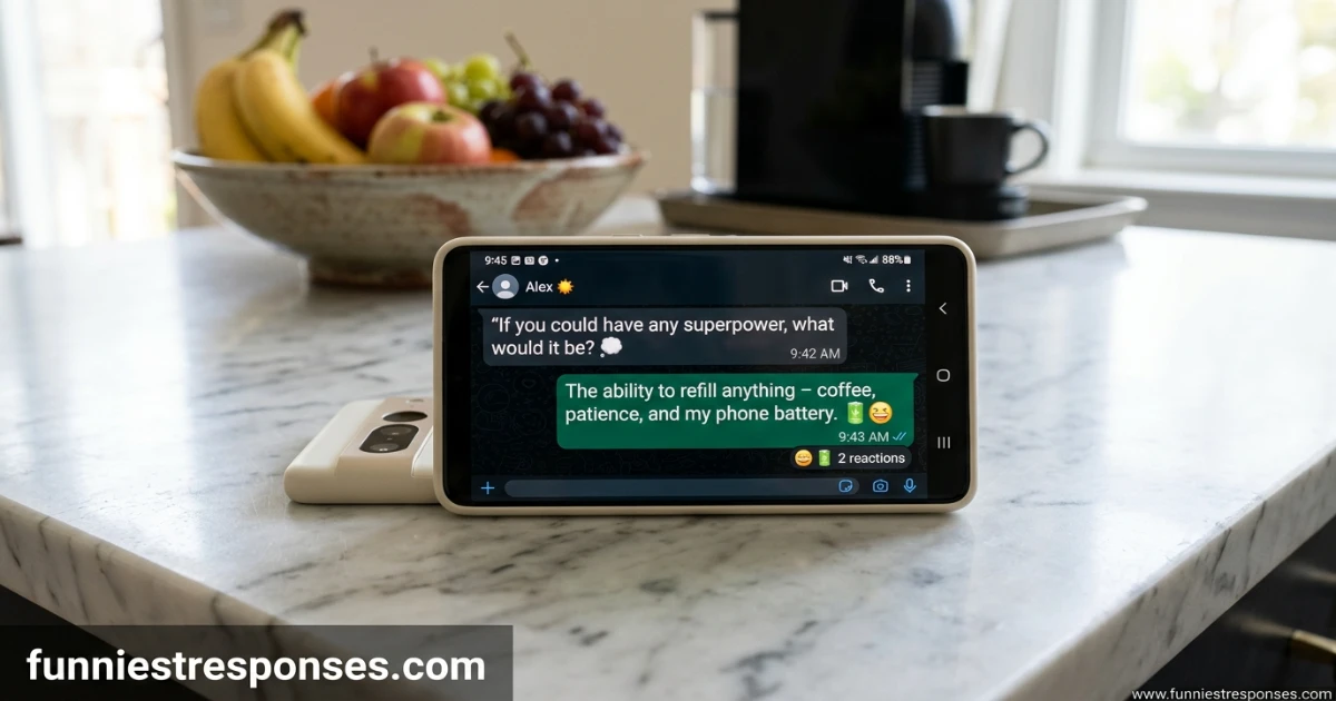 Text message: 'if you could have any superpower?' reply: 'the ability to refill anything'