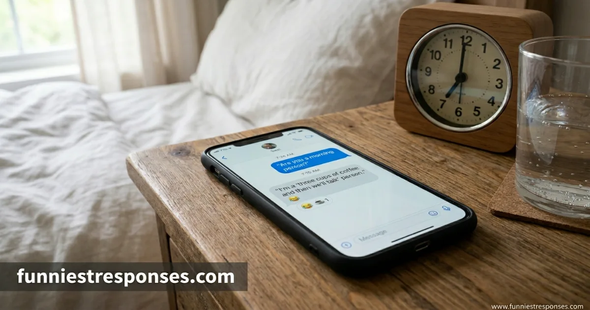 Phone screen with 'are you a morning person?' and a coffee emoji reply
