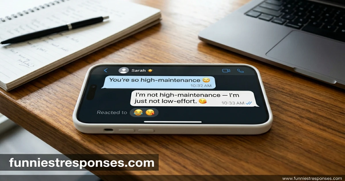 Text message exchange with 'you're high-maintenance' and a cheeky emoji reply