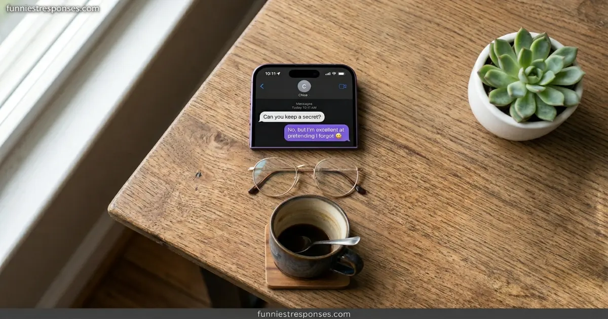 Smartphone text conversation with a sarcastic reply to 'can you keep a secret?'