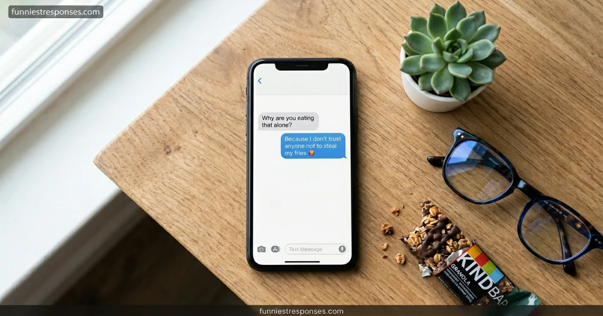 Smartphone screenshot of text conversation about eating alone with funny answer