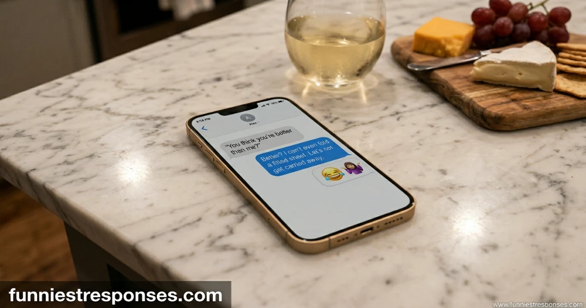 Text message exchange with 'you think you're better than me?' and a laughing emoji reply