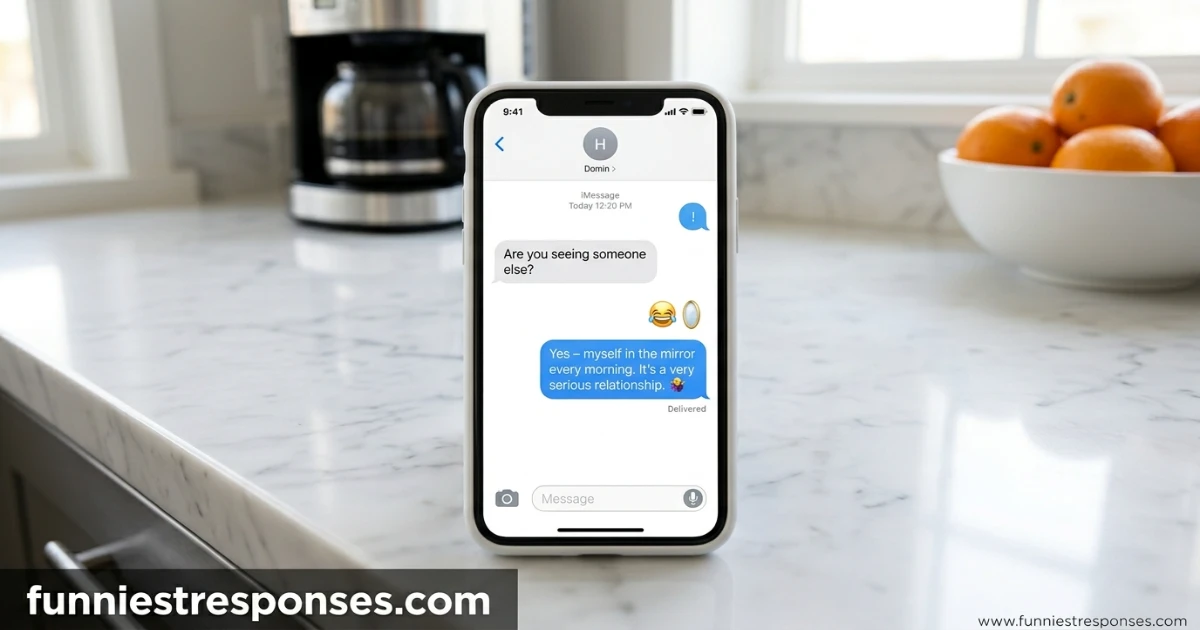 Text exchange with 'are you seeing someone else?' and a funny emoji reply