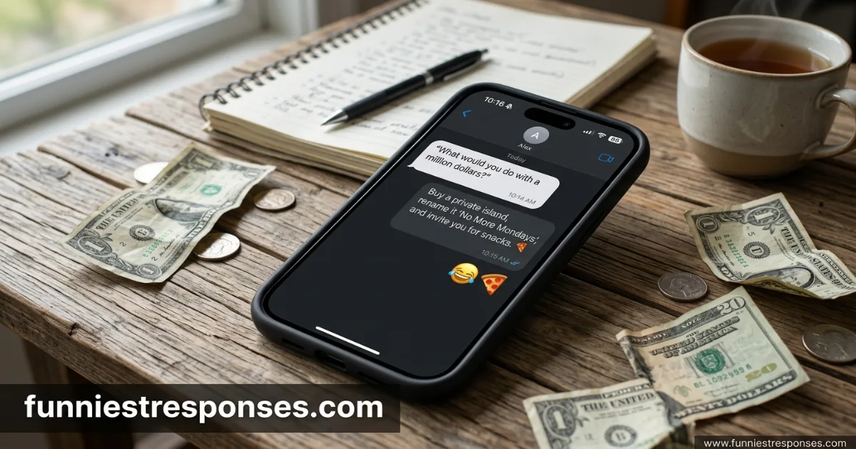 Text message with 'what would you do with a million dollars?' and a pizza emoji reply