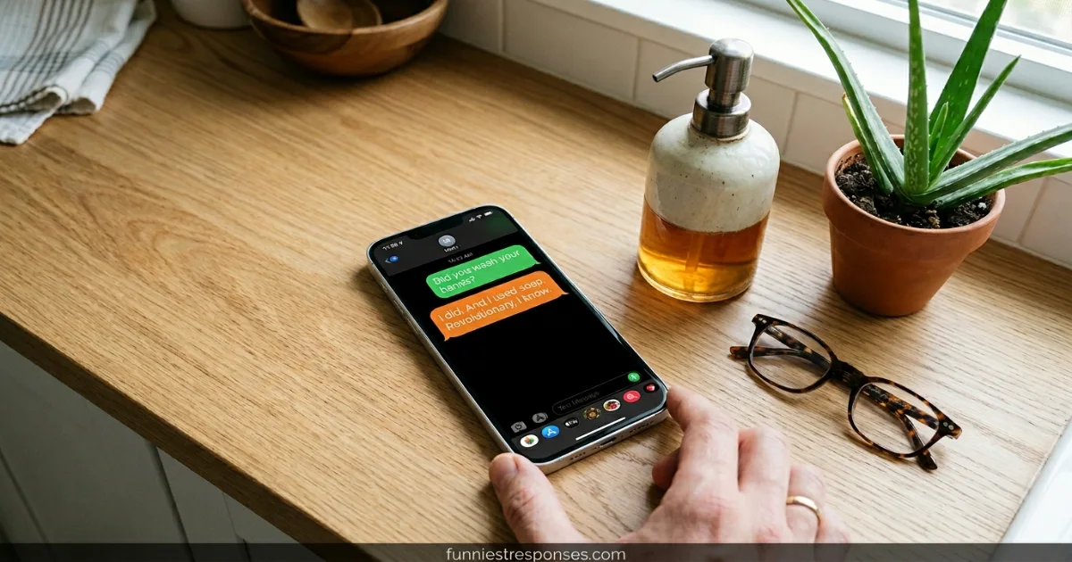 Smartphone screen showing a text message: 'Did you wash your hands?' and a witty reply