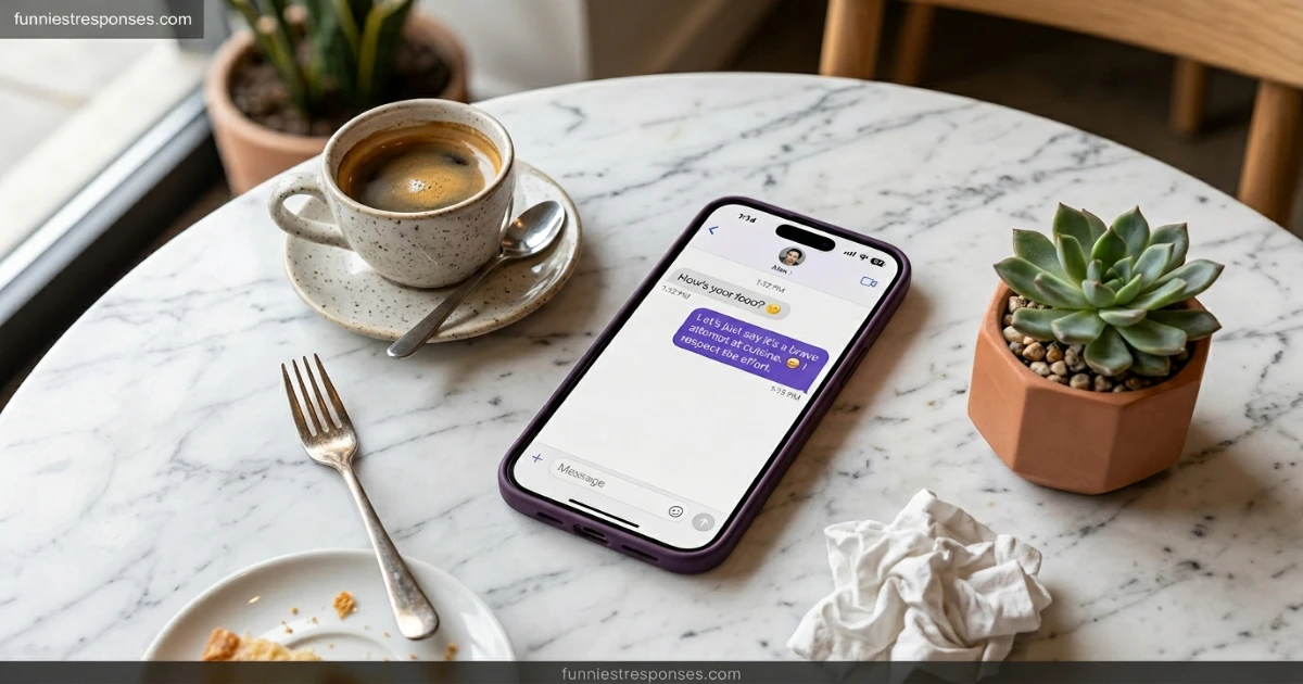 Smartphone text conversation about a bad restaurant meal and funny reply to waiter