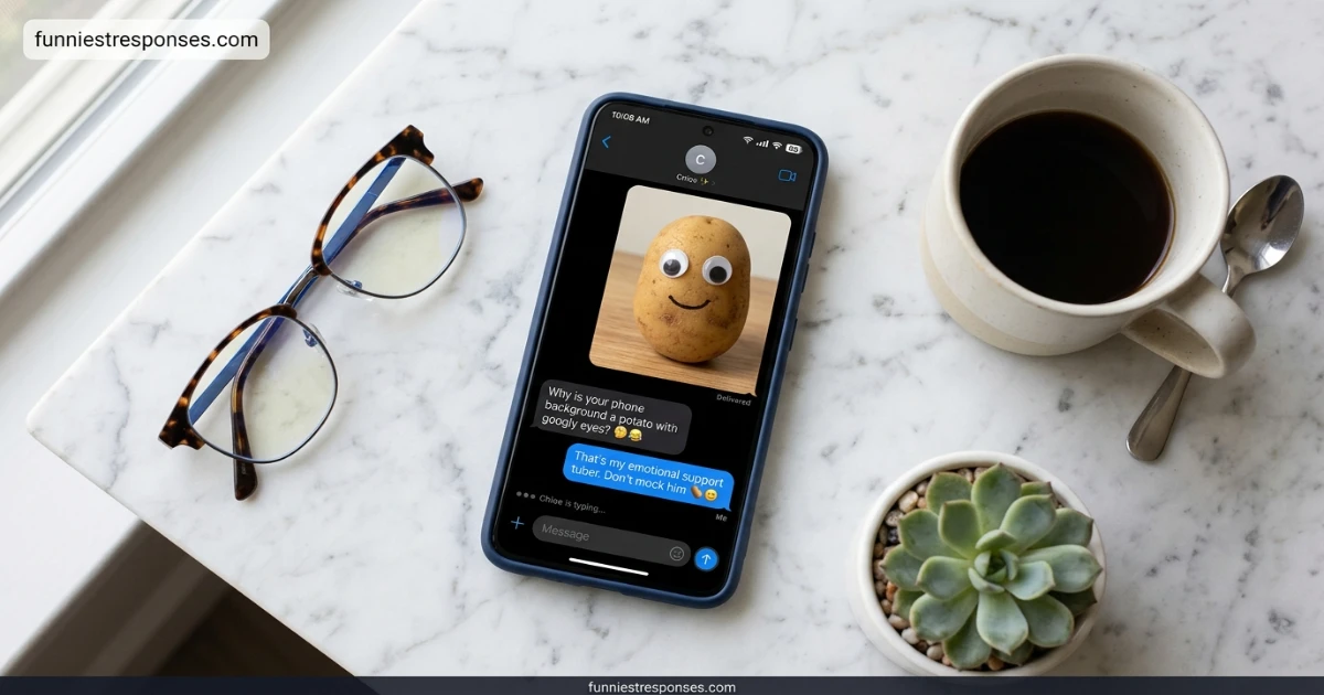 Phone with a potato with googly eyes as wallpaper, held by a laughing person