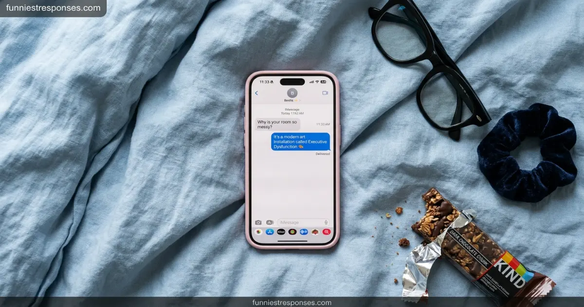 Text message conversation about messy room with funny reply
