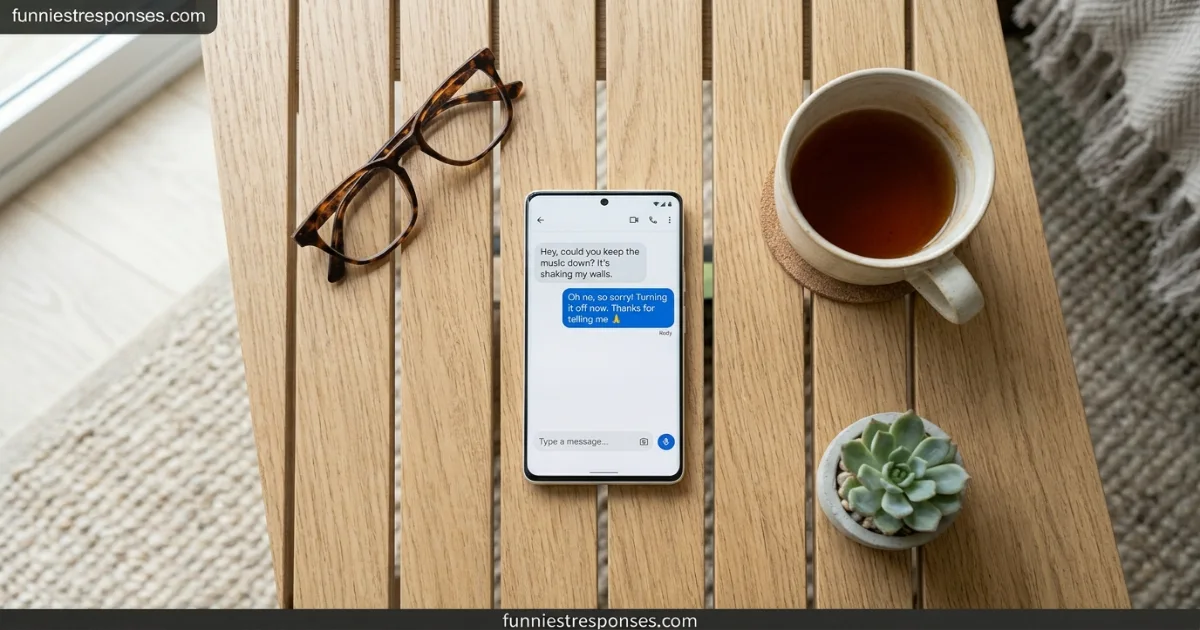 Smartphone showing a text message from a neighbor about noise with a funny reply