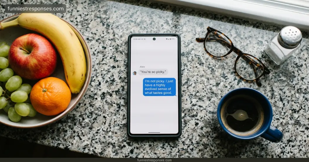 Smartphone text conversation with a funny reply about being picky with food
