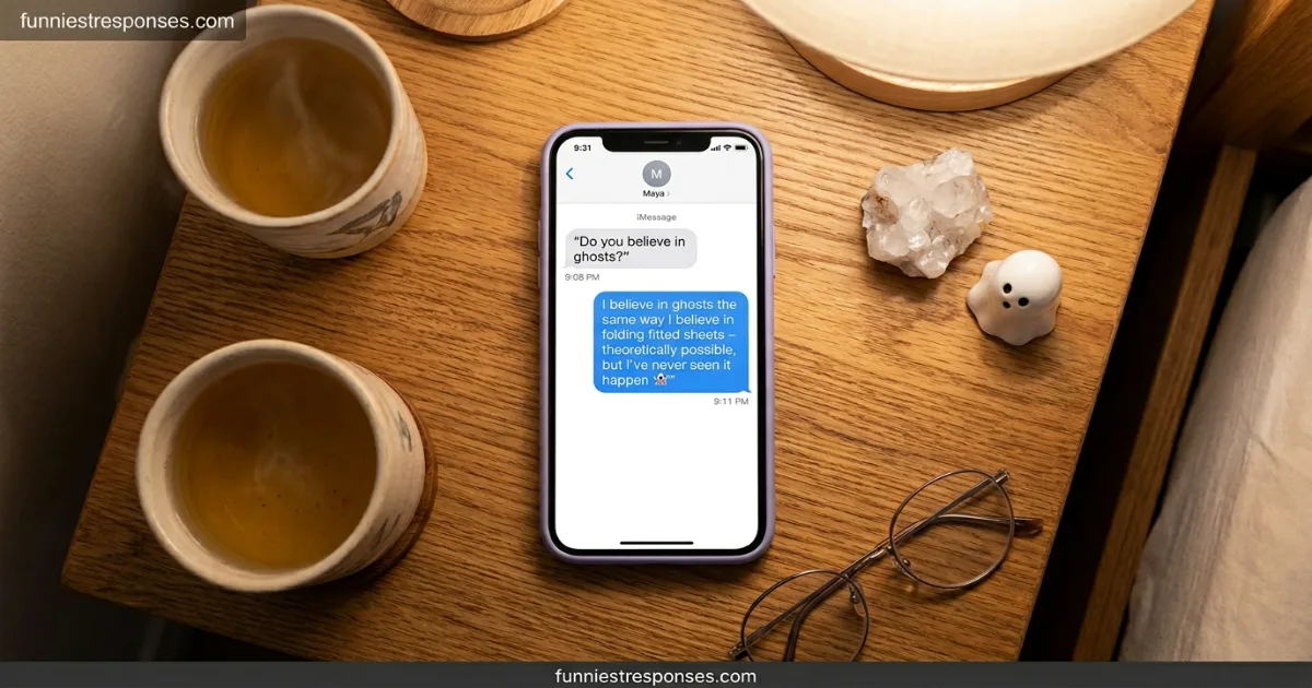 Smartphone text conversation with a funny reply about ghosts