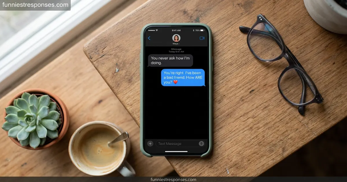 Smartphone text conversation with a funny reply about never asking how someone is doing
