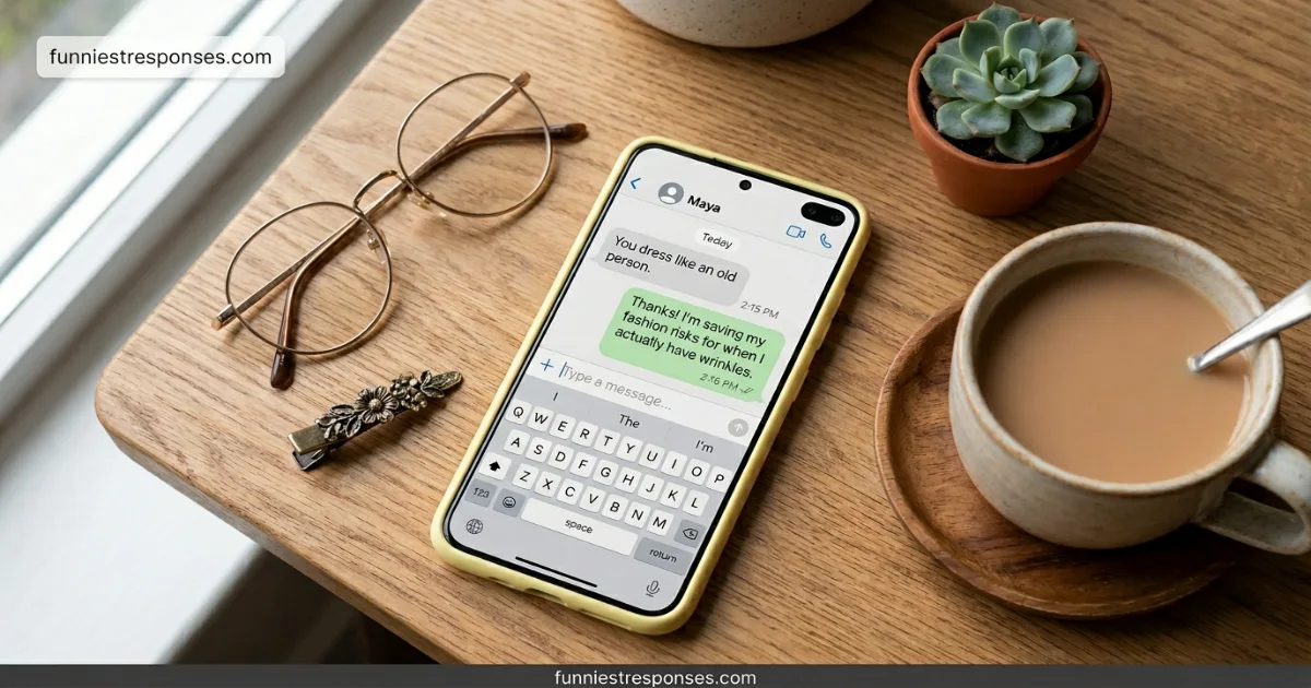 Smartphone text conversation with a funny reply about dressing old