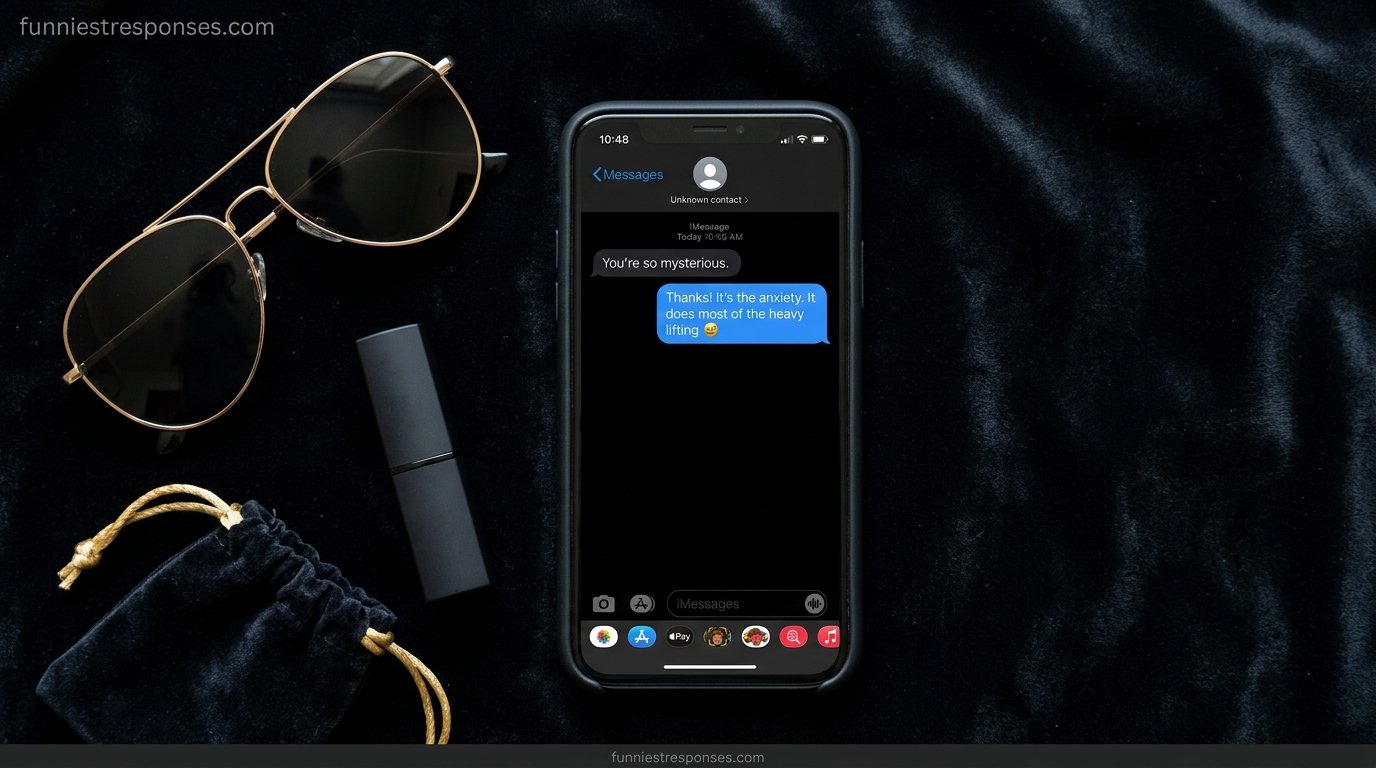 Smartphone text conversation with a funny answer to 'you're so mysterious'