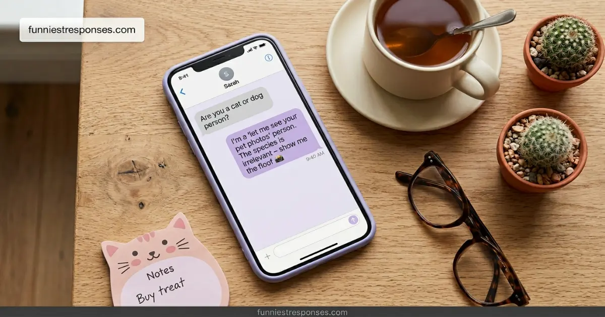 Smartphone text conversation with a funny answer to 'cat or dog person?'