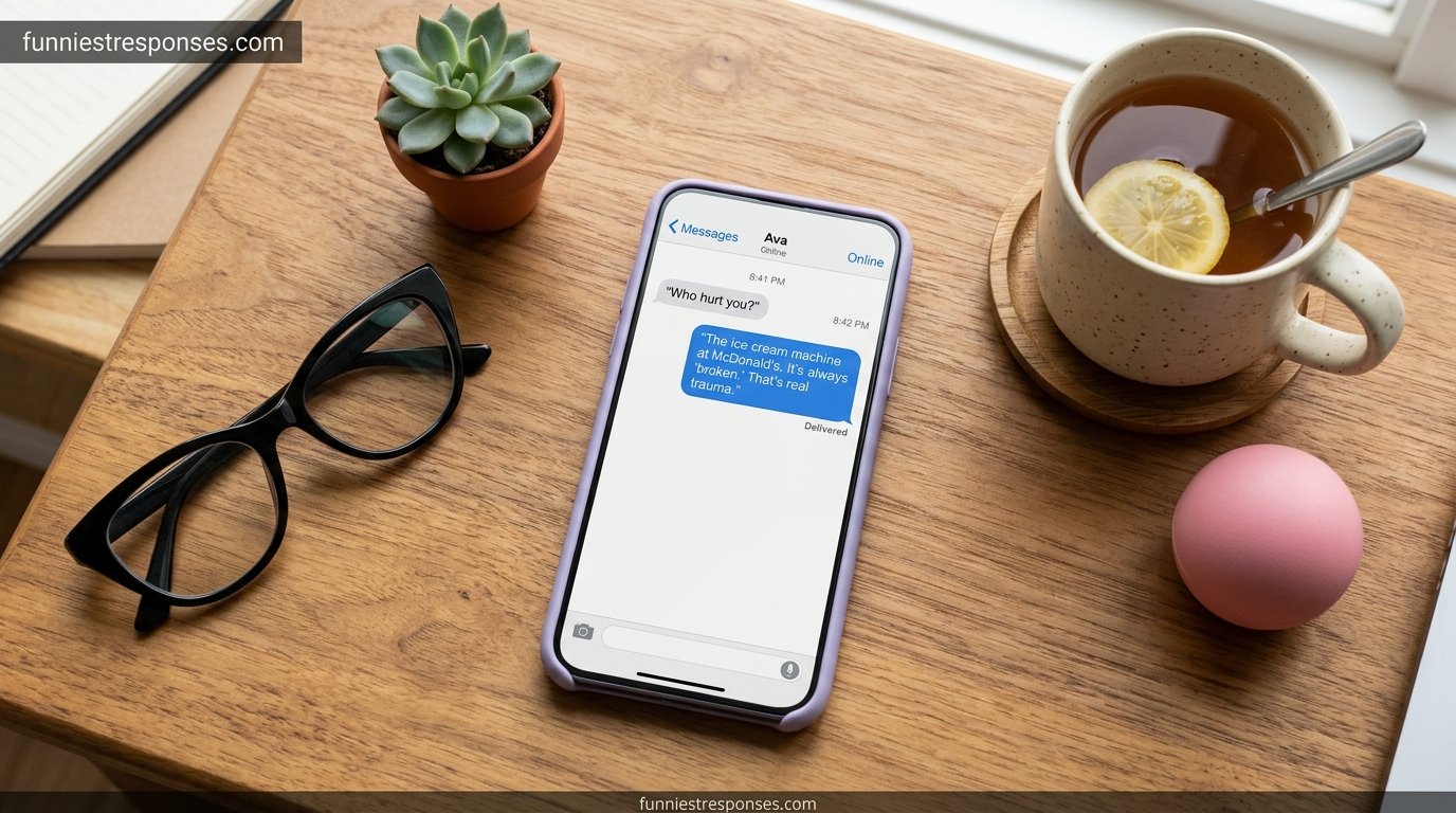 Smartphone text conversation with a funny answer to 'who hurt you?'