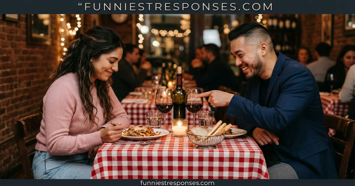 Waiter standing by a table with a concerned smile, diner looking at a bad meal