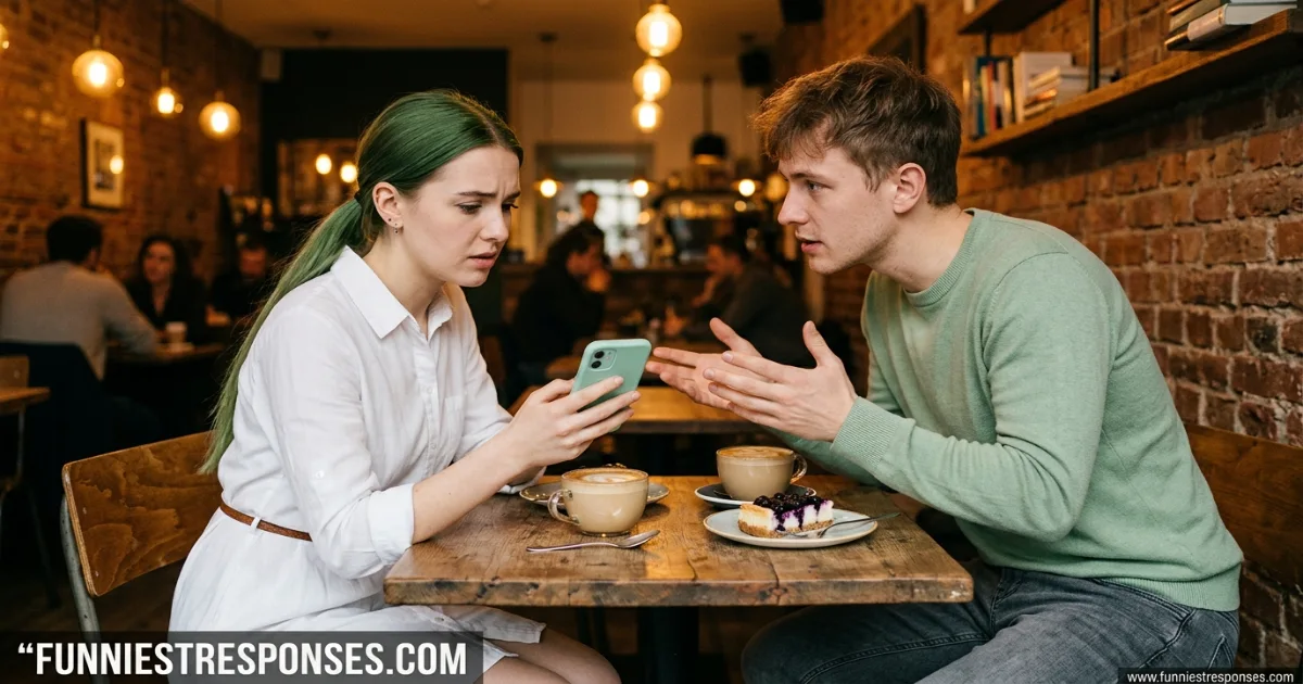 Couple looking at a phone, one with a teasing suspicious expression