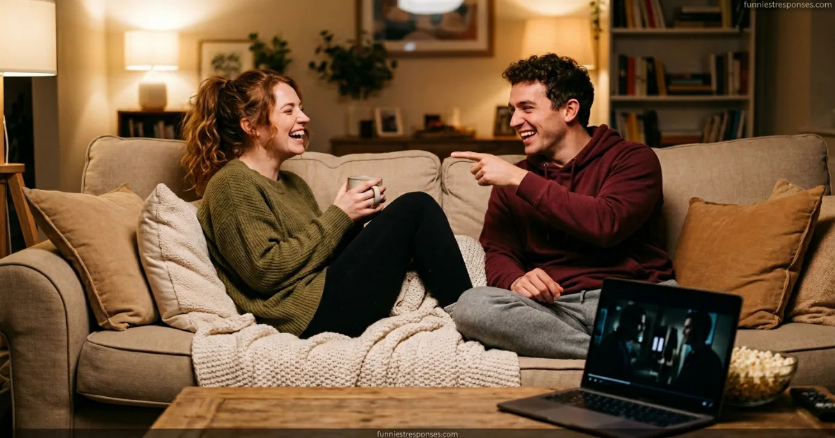 Two people laughing on a couch, one looks tired but happy