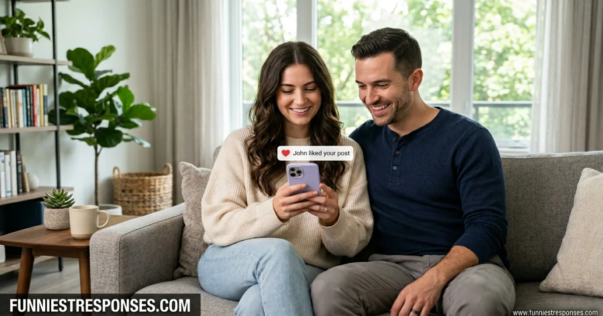 Two friends laughing over a phone showing a like notification