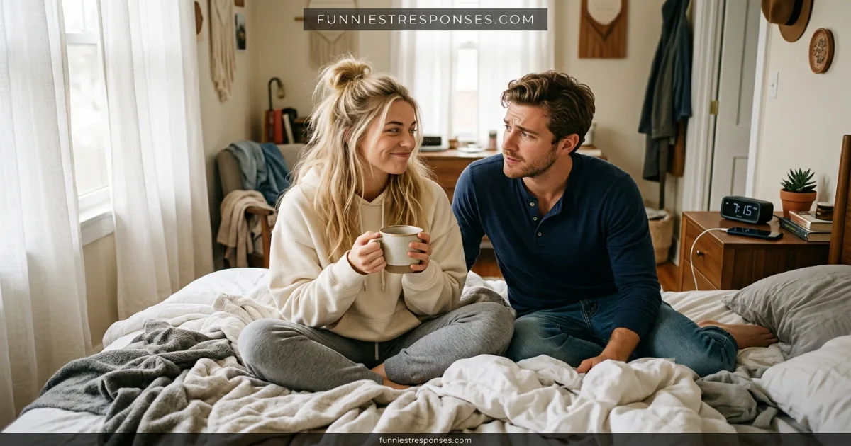 A tired young woman holding a coffee mug with a wry smile