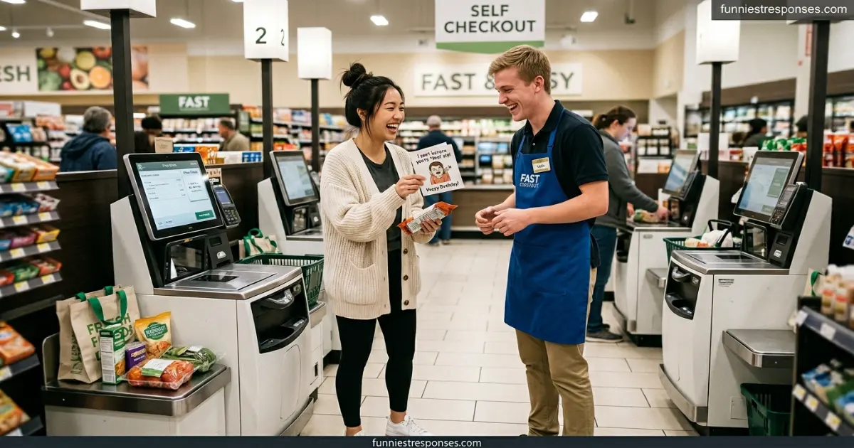Cashier laughing at a customer's unexpected reply