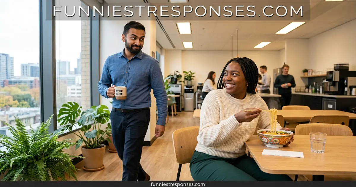 Person smiling while eating lunch alone at a desk with a funny sticky note