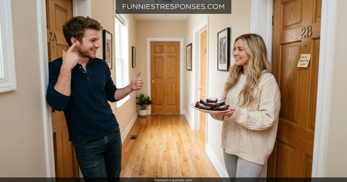 Plate of brownies with a note saying 'Sorry for the noise' at a neighbor's door