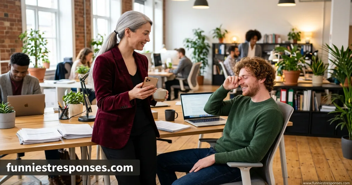 Sleepy employee at a desk, a cheerful coworker leaning over with a coffee mug