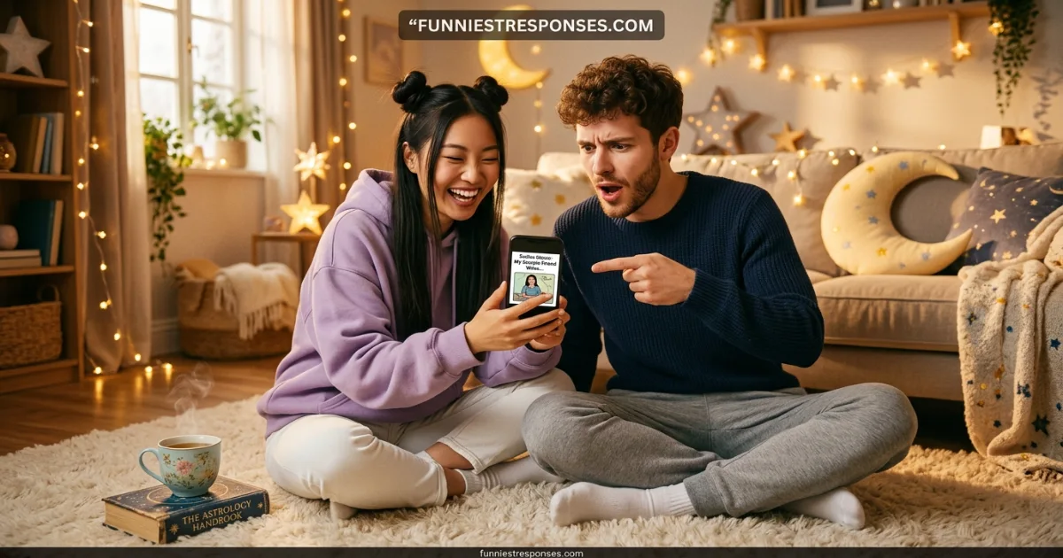 Group of friends laughing at a funny zodiac meme on a phone