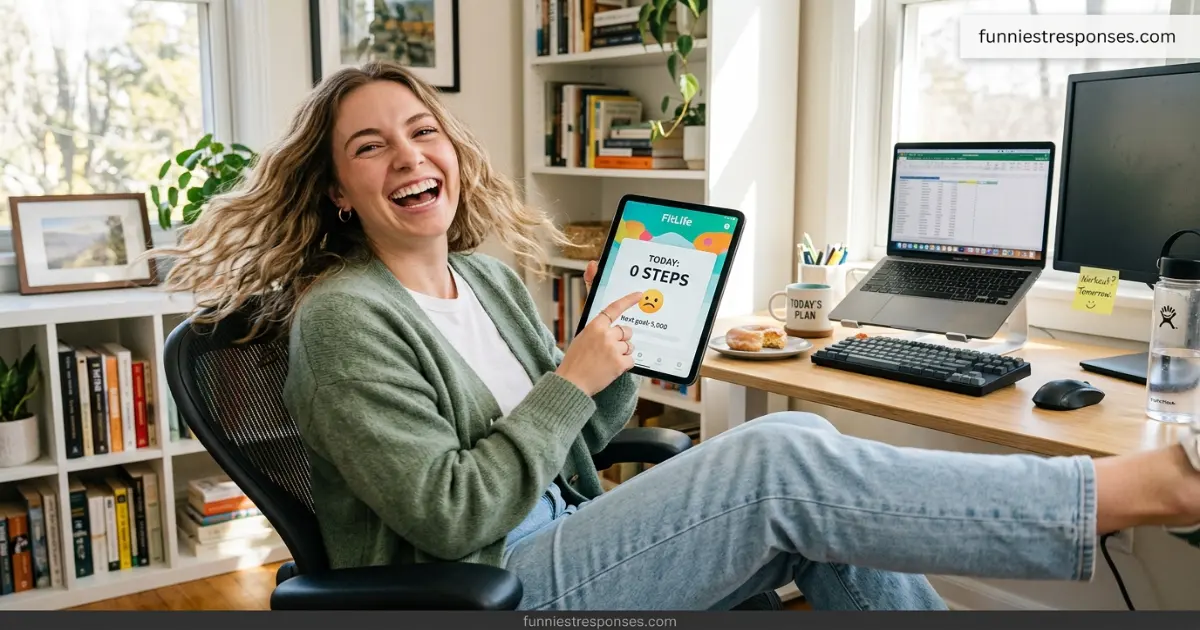 Person laughing while holding a water bottle, not exercising