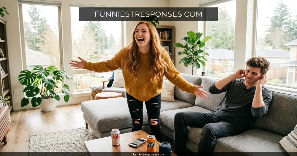 Person laughing loudly with friends looking amused