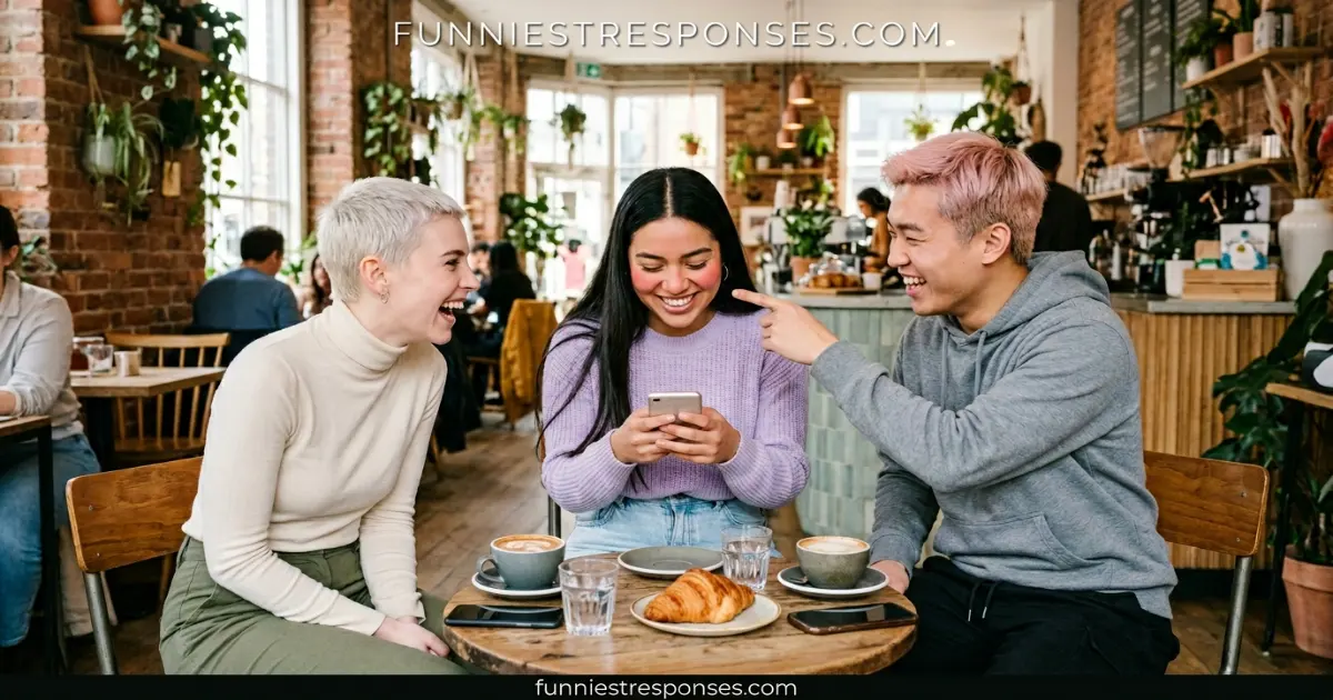 Group of friends laughing, one person with pink cheeks smiling